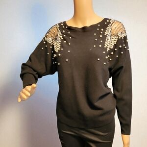 Liv Milano Womens Medium Black Soft Pearl Burnout Sweater